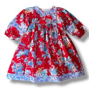 Vintage 90s Mousefeathers Girls Peasant Dress Sz 4 Boho Red Floral Midi A-line